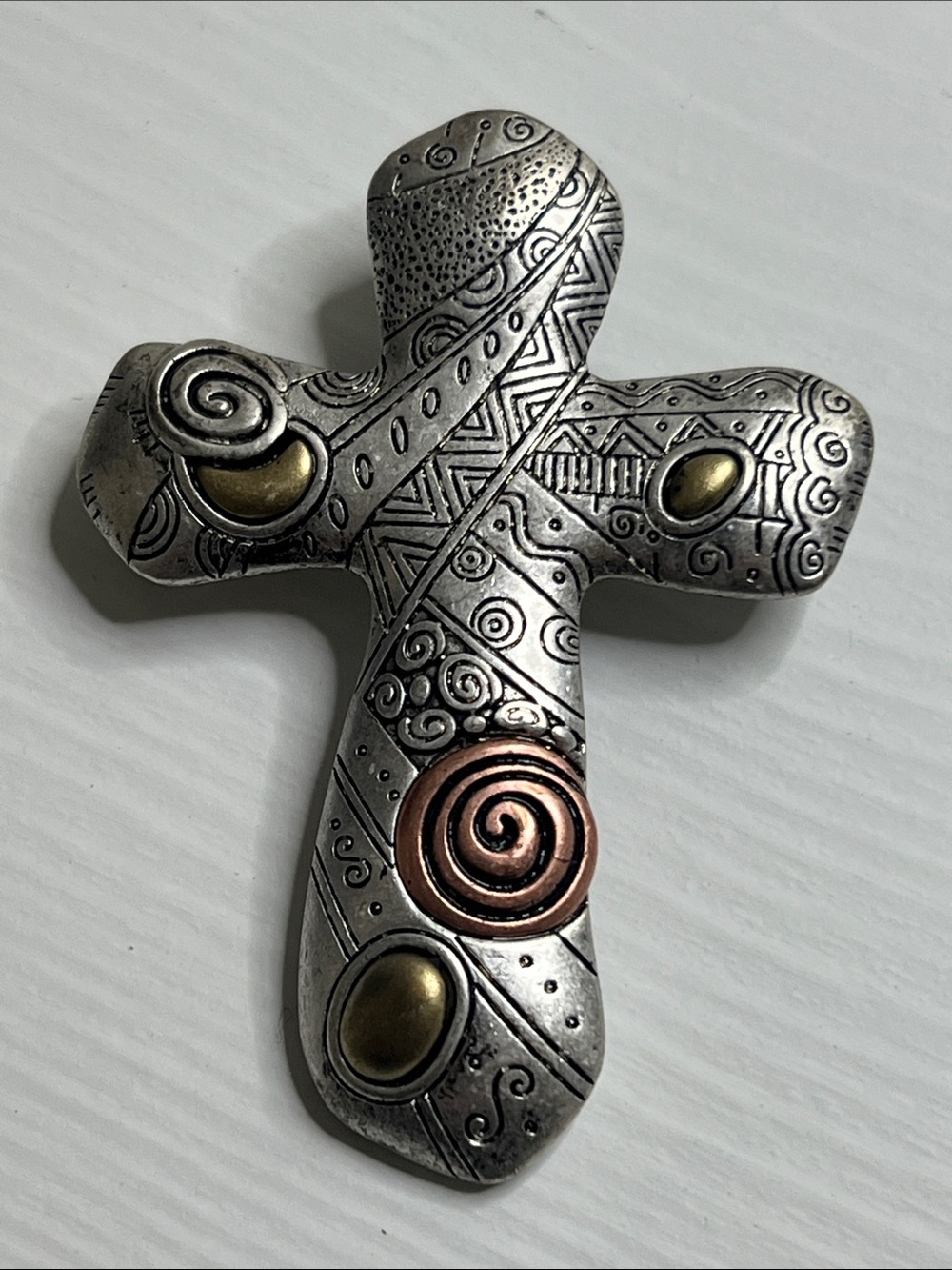 Decorative Metal Cross Pendant with Mixed Metal Accents